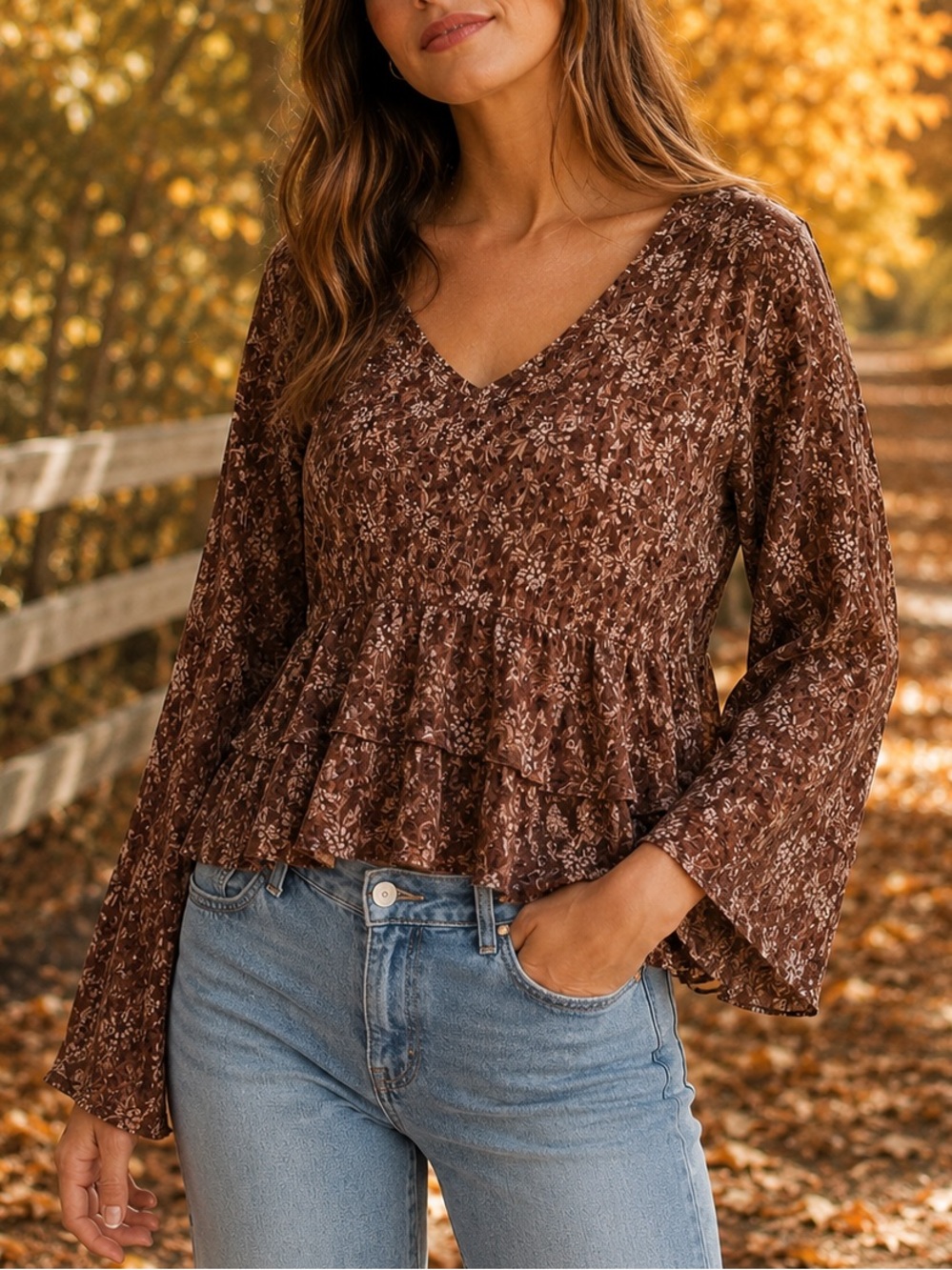 Promesa V-Neck Brown Floral Peplum Long-Sleeve Top Boho Fall Style S